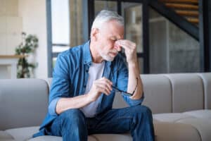 Elderly man touching his eye due to glaucoma in Loveland, CO